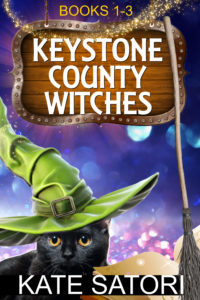 cat wearing witch hat, Keystone County Witches book series