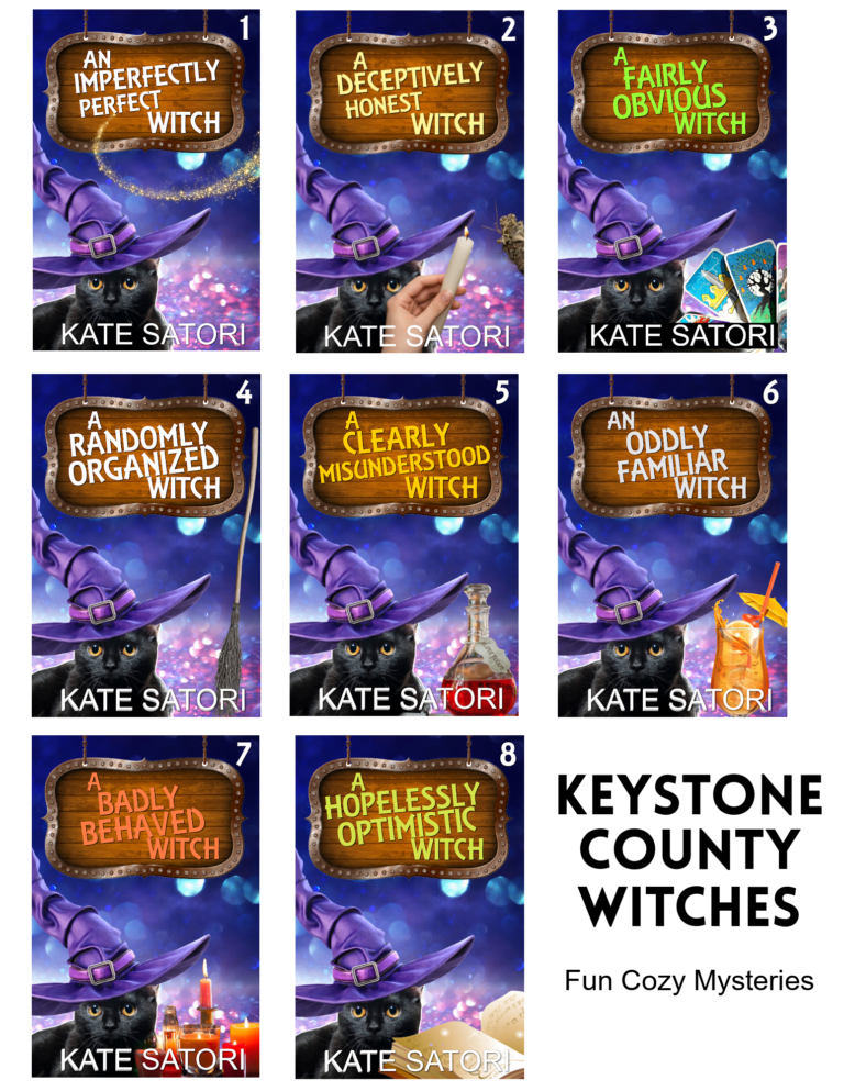 Cozy Witch Mysteries - paranormal supernatural witch mysteries which are family friendly. It shows the 8 covers of the series with a picture of a cat on each book and another magical element.